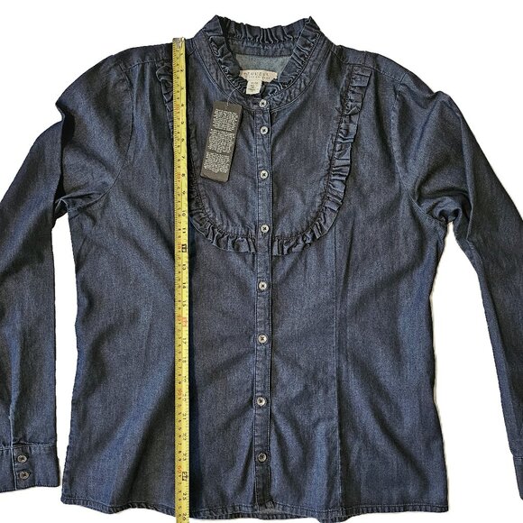 NWT GUESS Blue Denim Slim Line with Ruffle Button Down Long Sleeve Shirt Size XL - Picture 4 of 13